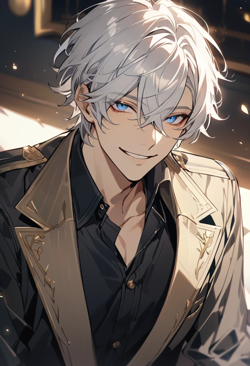 Handsome, solo, 1 male, short hair, gold eyes, white hair, smile facial, ((shirt)), blue eyes, загадочное выражение лица, загадочная улыбка