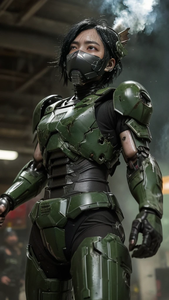 , Advanced Details, high quality, 最high quality, High resolution, 1080P 、傷口からのBleeding、Sexy Eyes、Wearing green and black、cute((The whole body is sweating))(Equipped with a damaged battle suit....)(Dark green armor)(Broken Armor)Black Hair、Chiquita、short hair、Pained expression、It hurts again、Healthy Skin、cute20歳女性 defeat (Steam coming out of the face) ((Steam from the body)) Explosion from within the body Machine gun fire all over my body Hit Unable to fight Severe attacks ((Headgear broke. )) Flying debris bare hands Armor Stripping gas mask explodes centering Bleeding