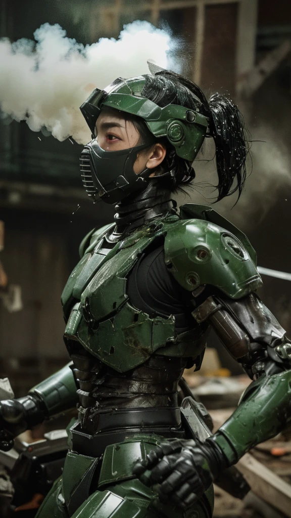 , Advanced Details, high quality, 最high quality, High resolution, 1080P 、傷口からのBleeding、Sexy Eyes、Wearing green and black、cute((The whole body is sweating))(Equipped with a damaged battle suit....)(Dark green armor)(Broken Armor)Black Hair、Chiquita、short hair、Pained expression、It hurts again、Healthy Skin、cute20歳女性　defeat　(Steam coming out of the face) ((Steam from the body)) 　Explosion from within the body　Machine gun fire all over my body　Hit　Unable to fight　Severe attacks　((Headgear broke.　)) Flying debris　bare hands　Armor Stripping　gas mask explodes　centering　Bleeding　