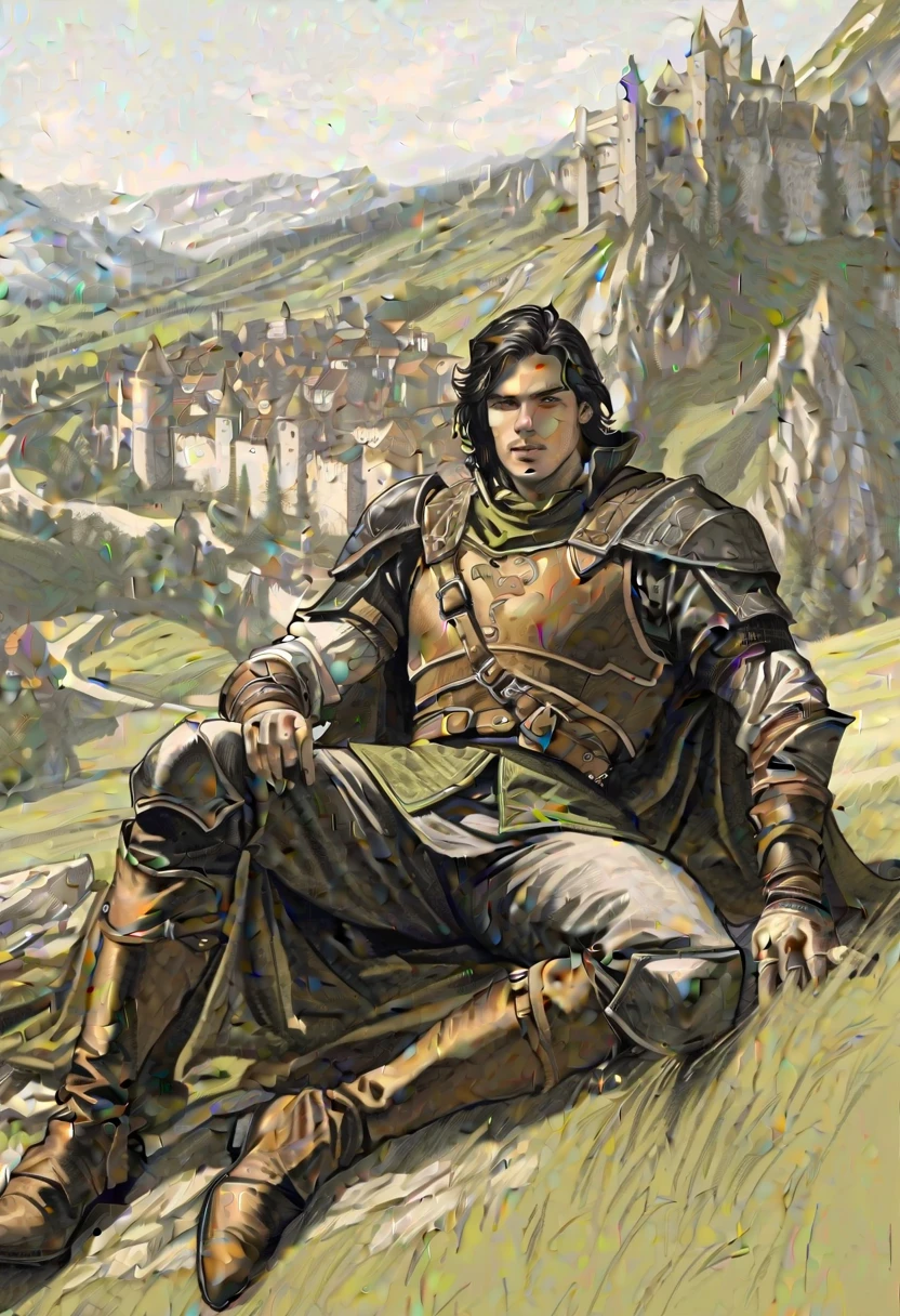 pencil art, pictorial \(styled\), male rogue from the Elder Scrolls series, trunk, panorama, lying image, short dark hair, golden eye, Light green skin, brown leather armor, simple shoulder pad, black leather boots in a medieval European landscape, Dynamic shading, extremely detaild, light and dark colors,