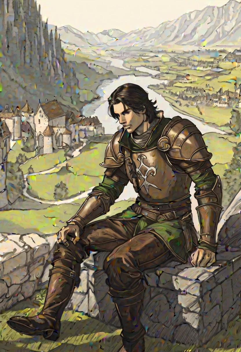 pencil art, pictorial \(styled\), male rogue from the Elder Scrolls series, trunk, panorama, lying image, short dark hair, golden eye, Light green skin, brown leather armor, simple shoulder pad, black leather boots in a medieval European landscape, Dynamic shading, extremely detaild, light and dark colors,