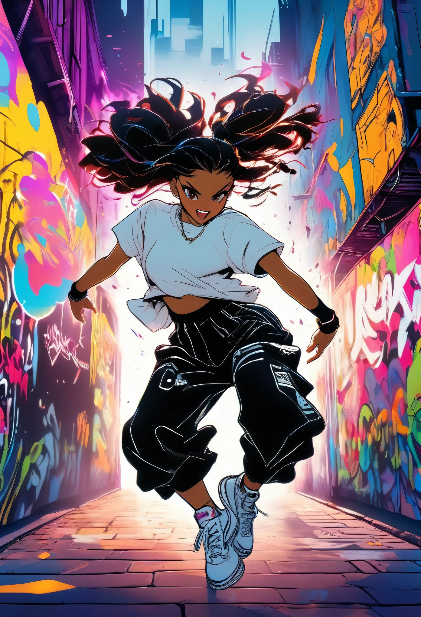 A girl in a white shirt and black skirt is performing a dynamic krumping move, her body moving with powerful and aggressive energy. The background is an urban graffiti-filled alley. Krump dancer wearing oversized T-shirt and baggy pants, urban street style, loose-fitting clothes, vibrant colors, aggressive dance pose, gritty street background, dramatic lighting, intense facial expression, The style is anime with colorful lights and detailed character design at a high resolution. , a full body portrait and long hair flying around with an anime aesthetic.