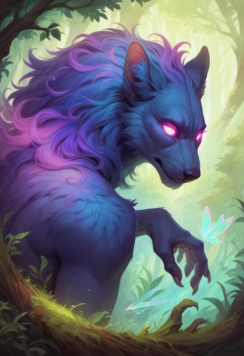 magical creature, anthropomorphic animal, fantasy art, detailed fur, glowing eyes, enchanting aura, mythical creature, naked, majestic presence, mystical background, forest environment, mystical lighting, fairy-tale atmosphere, intricate details, animal features