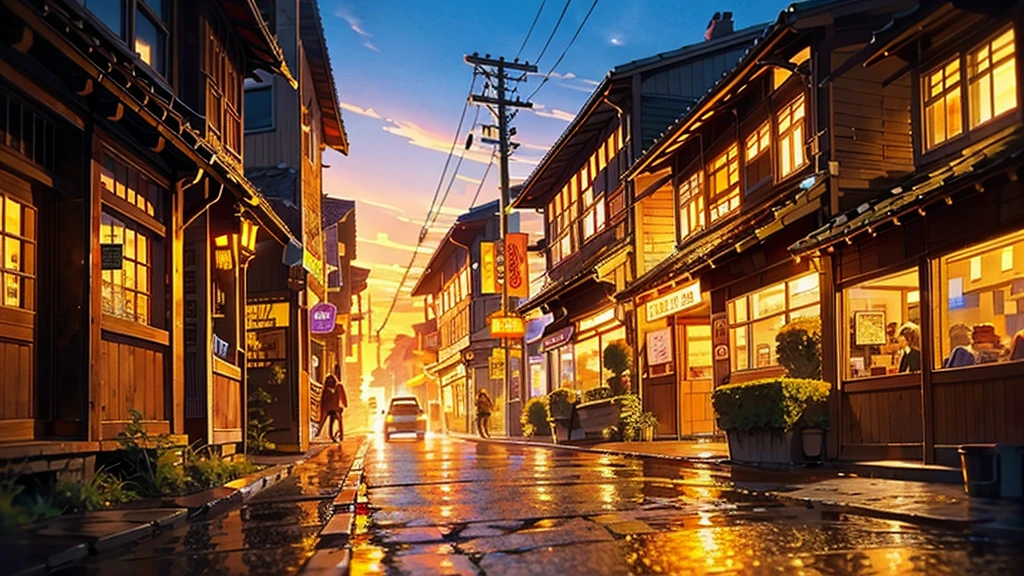 In the heart of the bustling city, A scene that looks like something straight out of a movie unfolds before your eyes.. The stage is set in high definition, Exquisite details accentuate its timeless appeal. A scene that captures the essence of a bygone era when prosperity reigned.、The past comes alive。. The warm light of the street lamps envelops the scenery., A golden glow on the cobblestone road、Illuminates every corner. , Surrounded by an aura of interest and surprise. Sunset