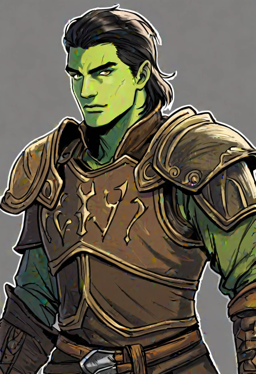crayons,pictorial \(styled\), male rogue from the Elder Scrolls series, trunk, portraite, short dark hair, golden eye, Light green skin, brown leather armor, simple shoulder pad, Dynamic shading, extremely detaild, light and dark colors,