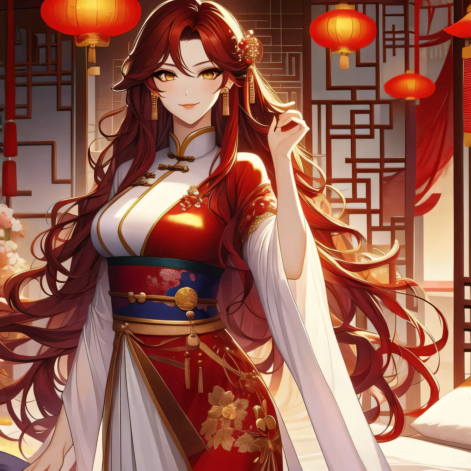 (masterpiece, best quality:1.2), 1women, xian mei, solo, chinese clothes, ultra long skirt, golden eyes, long red curly hair, jewellery, perfect anatomy, chinese traditional room