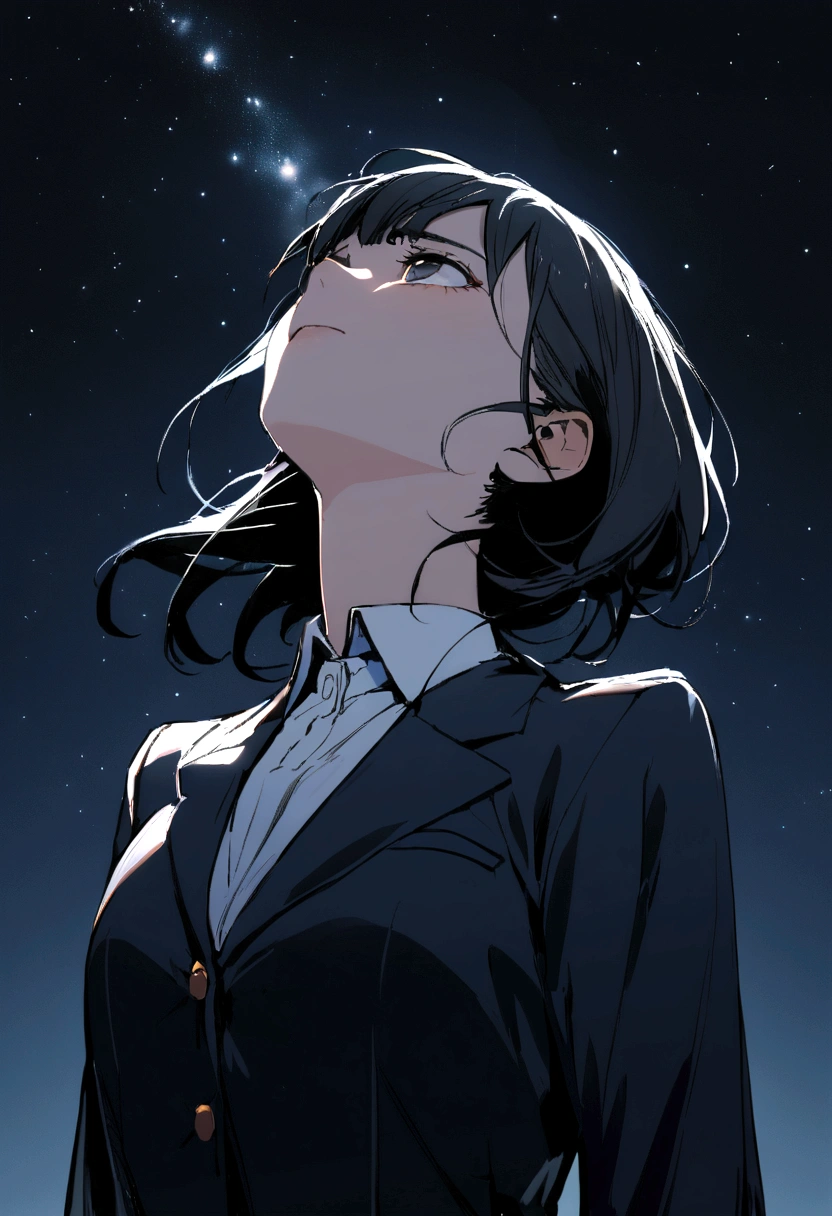 1girl, black hair, school attire, looking up at the night sky, sadness