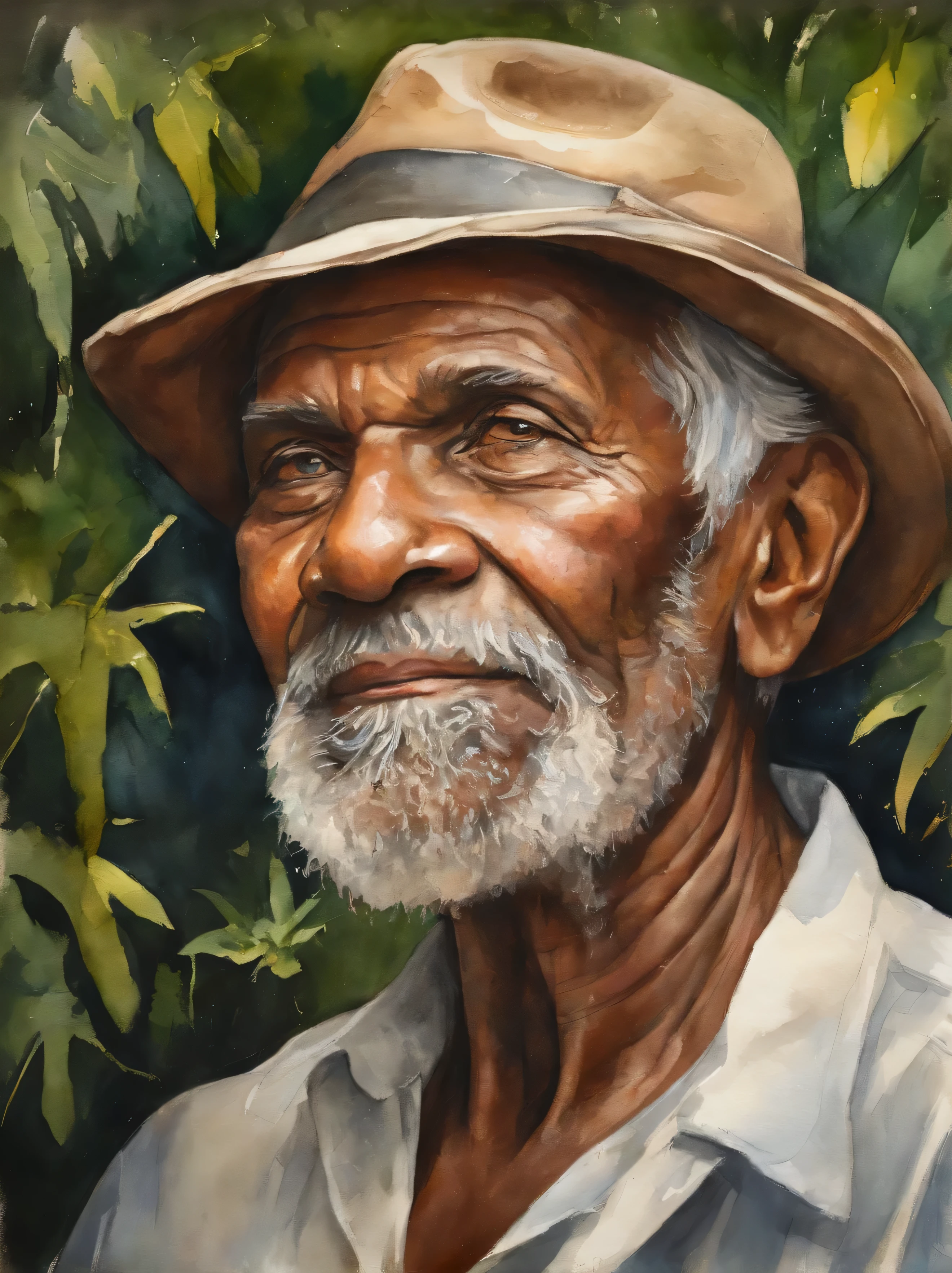 Masterpiece artwork, Smart old man walking through the jungle on fireflies, (high détail: 1 1), The face of an old man, skin natural, high qualiy, nsfw, beautiful eyes, (detailed faces and eyes), (The face: 1 2), noise, extra, real photos, .....PSD, lamp film photography, sharp focus, Contrasting lighting, detailed skins, high resolution 8k, insanely details, realistically, professional photo session, 8k Ultra HD, SLR Camera, soft lighting, high qualiy, Film particle, Fujifilm XT3