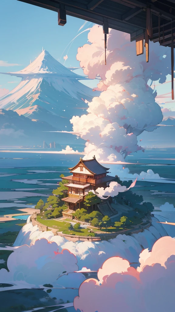 
Create a stunning anime landscape featuring a serene, floating island surrounded by cascading waterfalls and vibrant cherry blossom trees. The island is adorned with a traditional Japanese wooden house, nestled amidst lush, colorful foliage in full bloom. Above the island, a majestic mountain with a snow-capped peak rises into a sky filled with fluffy, cotton-candy clouds. The scene is bathed in soft, warm sunlight, casting gentle shadows and highlighting the natural beauty of the environment. In the distance, other smaller floating islands can be seen, connected by slender waterfalls that disappear into the clouds below.