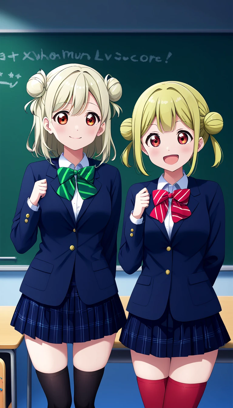 Multiple girls, 2girls,Two anime girls,(arashi chisato, love live! super star, long hair, bangs, (red eyes:1.3), twintails, silver hair, blunt bangs, hair bun, double bun,),(Shibuya Kanon, love live! superstar!, ,aakanon,purple eyes,long hair,bangs,hair between eyes) ,otonokizaka ,winter uniform, navy blue blazer,red striped bow tie, blue pleated skirt, knee socks, loafers, smile,blush, talking each other,in classroom,from front, BREAK score_9, score_8_up, score_7_up, score_6_up, source_anime
