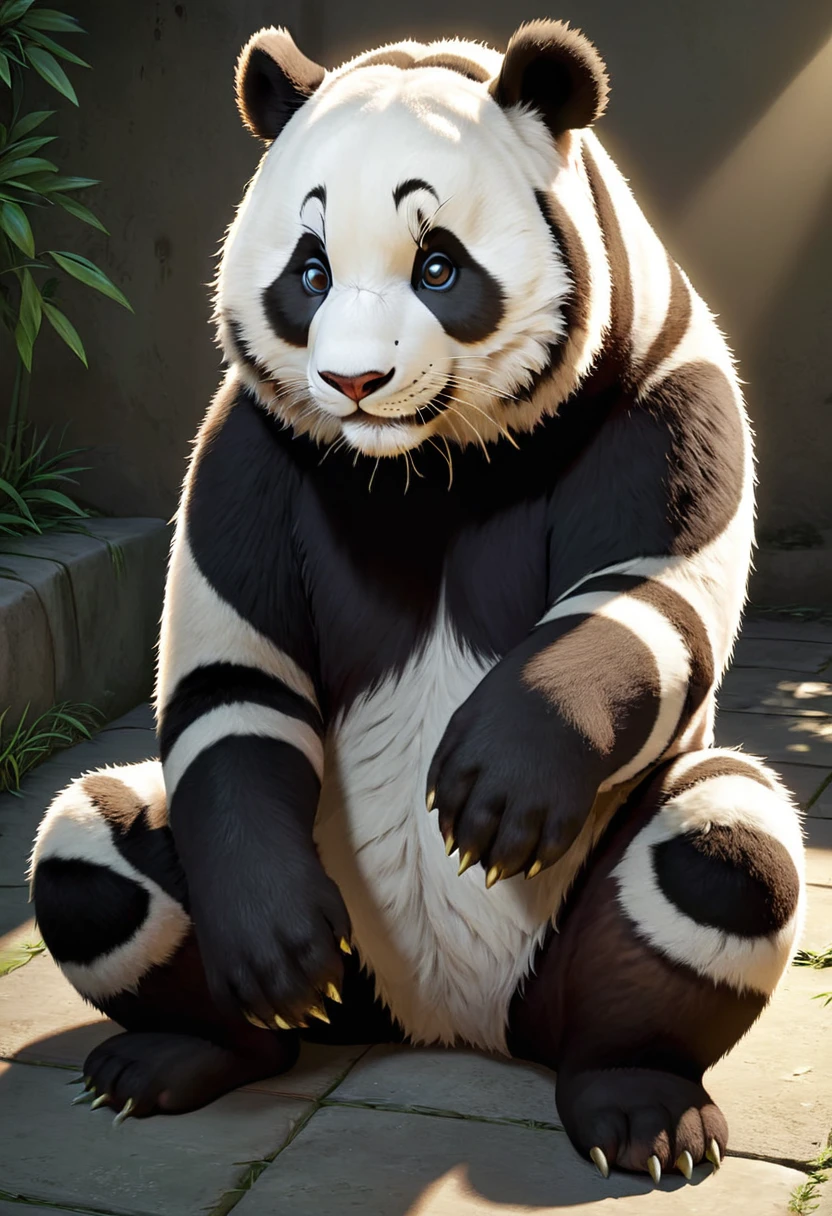 Create a highly realistic image of a panda with the pattern of a tiger. The panda should maintain its typical black and white shape and features, but its fur should have the realistic orange and black stripes of a tiger. Ensure the lighting, shadows, and fur texture make the panda look like it could exist in the real world.