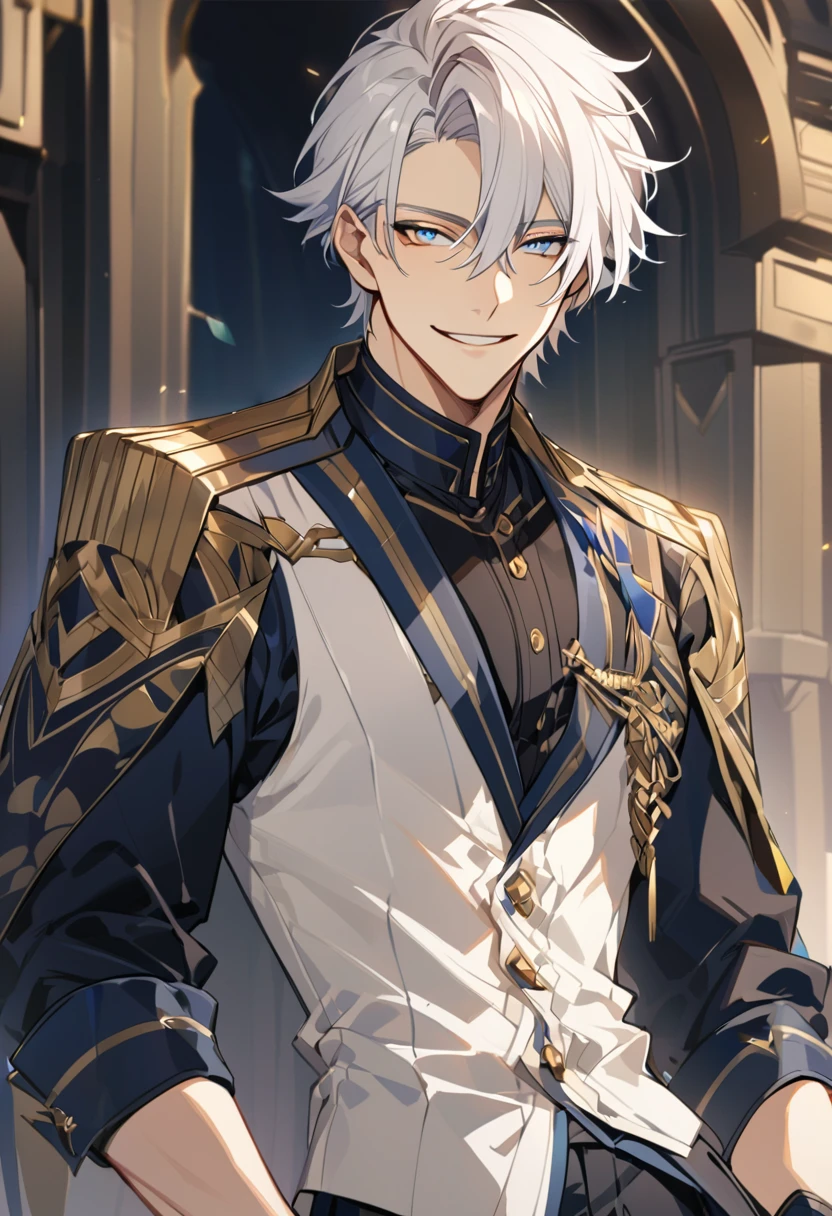 Handsome, solo, 1 male, short hair, gold eyes, white hair, smile facial, ((shirt)), blue eyes, загадочное выражение лица, загадочная улыбка