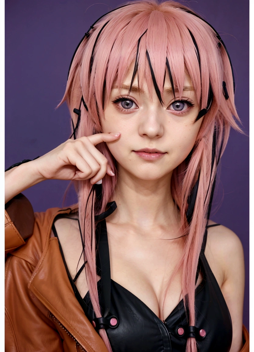 a cartoon girl with pink hair and a leather jacket, mirai nikki, gasai yuno, with index finger, seductive anime girl, inspired by Munakata Shikō, anime moe artstyle, sultry smirk, in an anime style, anime style character, gainax anime style, anime girl named lucy, she has a cute expressive face