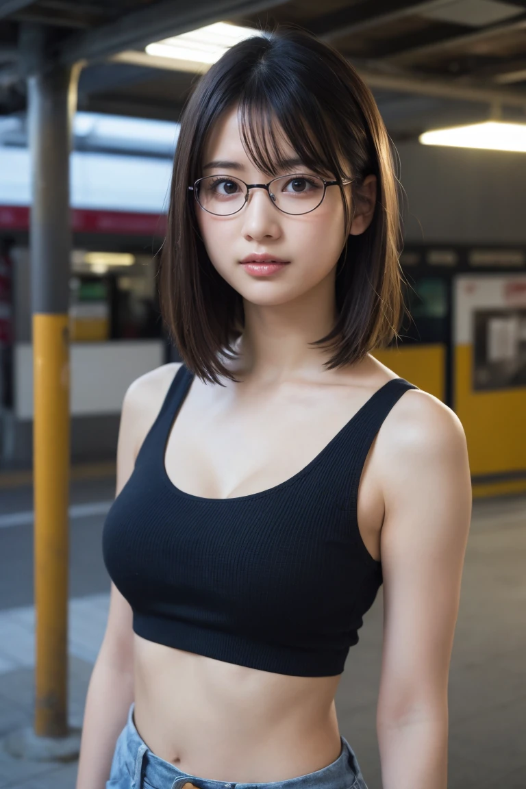 (8K、Raw photo、Highest quality、masterpiece:1.2)、(Realistic、Photorealistic:1.37)、Ultra-detailed、Ultra-high resolution、1 girl、Seeing the viewer、Beautifully detailed face、Laughter、narrow、(Slim waist) :1.3)、shortcut、Beautifully detailed skin、Skin Texture、Floating Hair、Professional Lighting、Waiting for the train on the platform、Black-rimmed square glasses 、Human whole body、Brown Hair、Northleigh、Tank Top