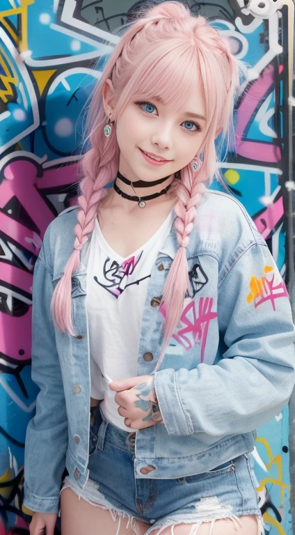 (ultra-detailliert), Black Psychedelic Shirt、Blue eyes,The upper part of the body、a closeup、18year old、faces、(A smile:1.5),(facing front:1.2),(masutepiece:1.3, Best Quality, Photorealistic, Ultra-detailed, Finely detailed, High resolution, 8K Wallpaper), 1 beautiful girl, Beautiful face, Detailed face, Beautiful eyes, Detailed eyes, Looks fun、Smiling, earrings, Necklace, Only 1 person,Pink Hair Medium Hair, (Pink hair), Ear Hair, , Single braid, (Single braid), (Side braid),on a stage, Spotlight, 、Denim shorts, Choker, (Graffiti:1.5), Paint Splatter, arms behind back, Against Wall, Looking at Viewer, arm band, Thigh strap, paint on body,