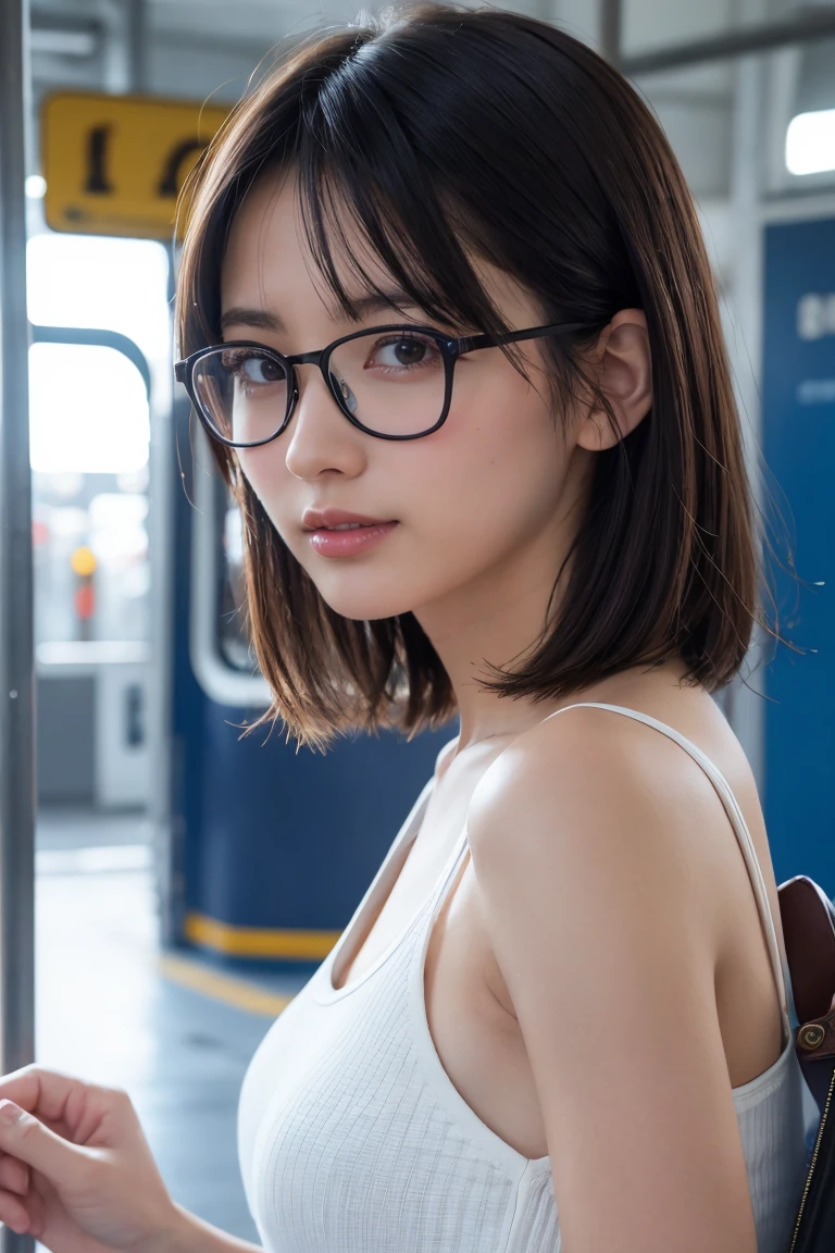 (8K、Raw photo、Highest quality、masterpiece:1.2)、(Realistic、Photorealistic:1.37)、Ultra-detailed、Ultra-high resolution、1 girl、Seeing the viewer、Beautifully detailed face、Laughter、narrow、(Slim waist) :1.3)、shortcut、Beautifully detailed skin、Skin Texture、Floating Hair、Professional Lighting、Waiting for the train on the platform、Black-rimmed square glasses 、Human whole body、Brown Hair、Northleigh、Tank Top
