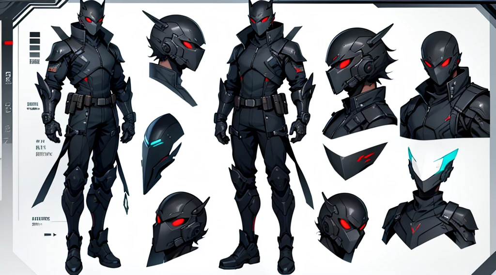 Character design sheet、male、Black combat uniform、Body Armor、Powered Suit、Full Face Mask、cyber punk