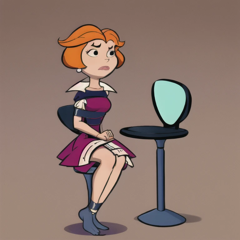 masterpiece, best quality, 1girl, jane, orange hair,sit tied to a chair, barefoot, full body,short hair, black eyes, makeup, earrings, dress, standing, simple background