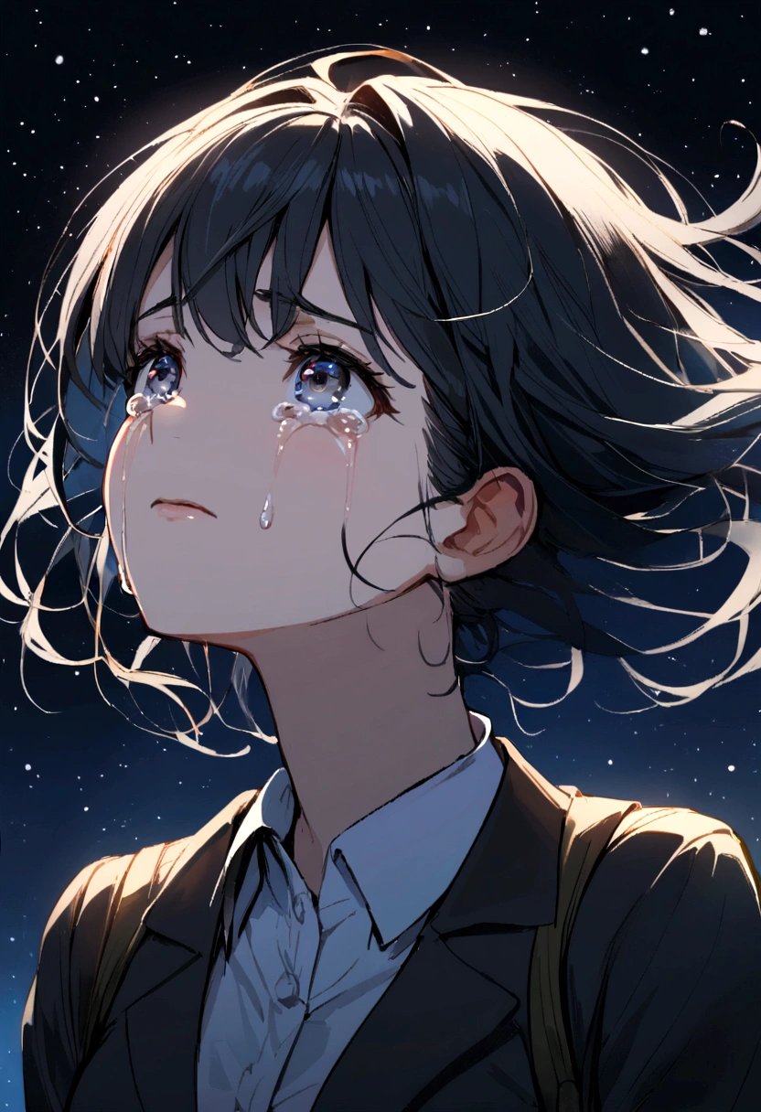 1girl, black hair, school attire, looking up at the night sky, crying but hopeful