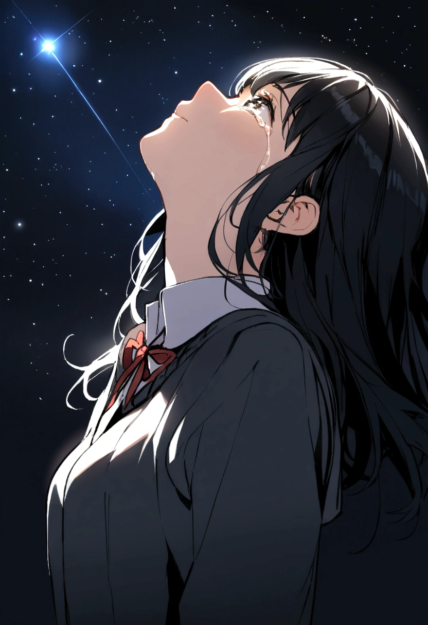 1girl, black hair, school attire, looking up at the night sky, crying