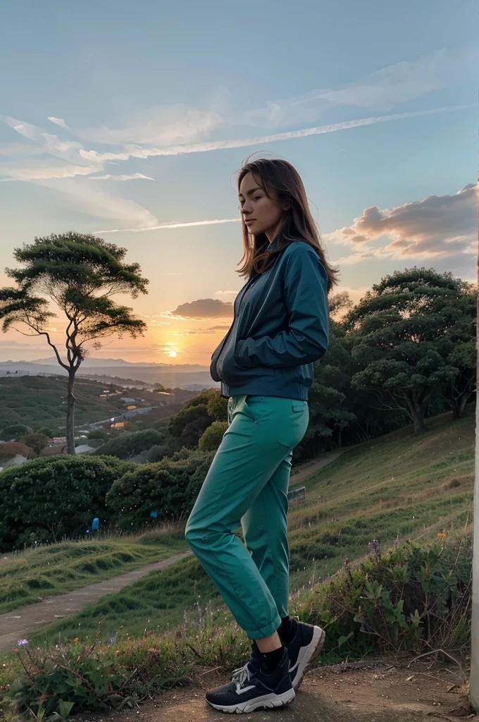 a person standing on top of a hill with an amazing natural scenery in the background. The sky is clear with gradations of blue and orange showing the time of sunrise or sunset. Under the hill, you can see a enchanting sea of clouds, while green views of trees and bushes decorate the foreground. The person was wearing a brown jacket and black pants, stand in a relaxed pose, enjoy the beautiful views all around.