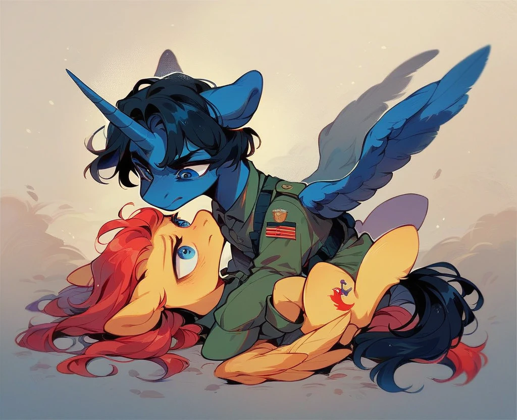 Two subjects; Male alicorn pony with black fur and red hair and blue eyes and red feathers on wings, male pegasus pony with yellow fur and black hair and blue eyes, legs around each other, wartime photo, vietnam-era army uniforms,