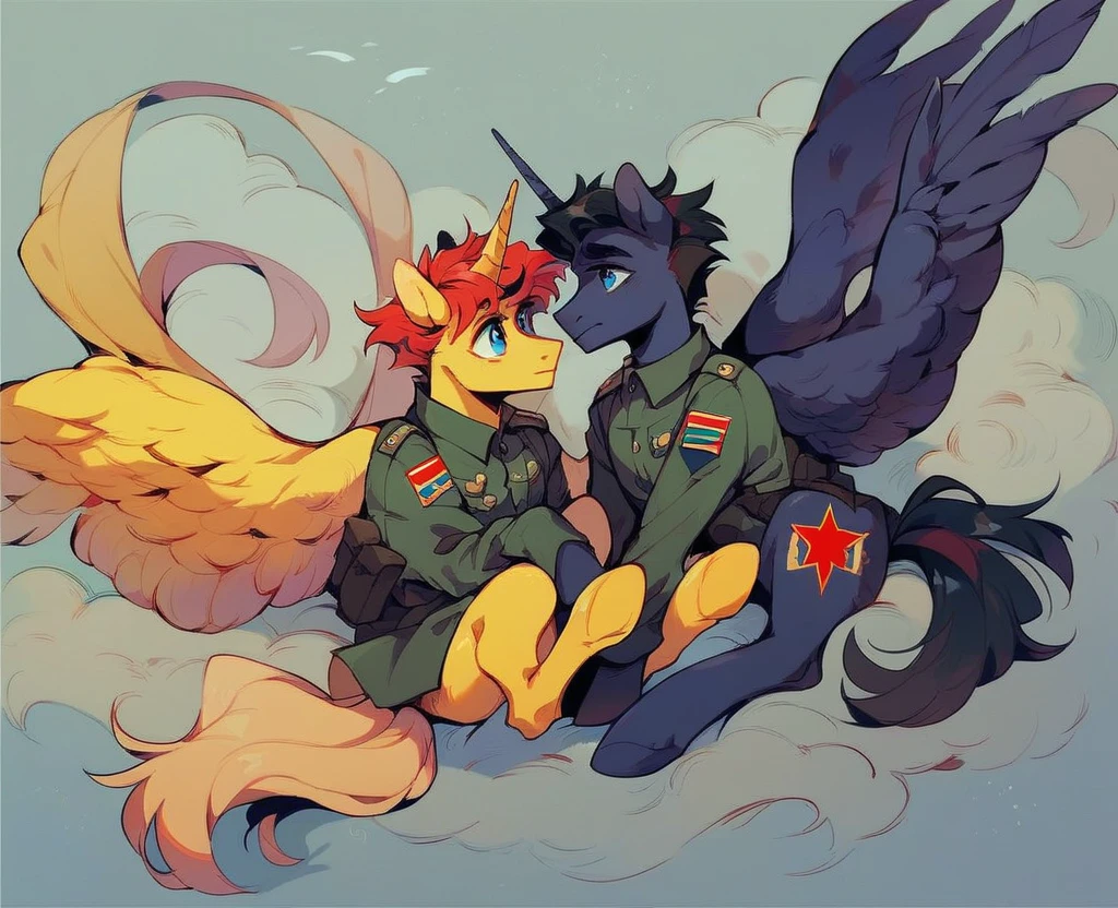 Two subjects; Male alicorn pony with black fur and red hair and blue eyes and red feathers on wings, male pegasus pony with yellow fur and black hair and blue eyes, legs around each other, wartime photo, vietnam-era army uniforms, 