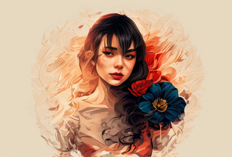 there is a woman with black hair and a flower in her hair, vector art by mads berg, winner of the behance contest, digital art, in digital illustration style, 1950s illustration style, beautiful retro art, stylish digital illustration, beautiful artwork illustration beautiful, elegant retro illustration digital art, digital illustration -, stunning digital illustration