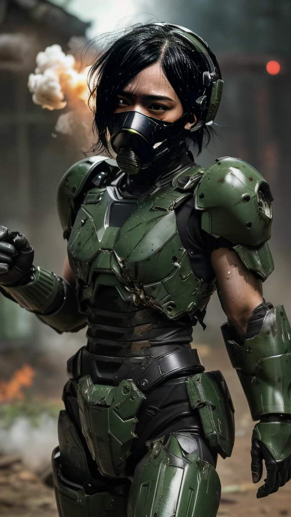 , Advanced Details, high quality, 最high quality, High resolution, 1080P 、傷口からのBleeding、Sexy Eyes、Wearing green and black、cute((The whole body is sweating))(Equipped with a damaged battle suit....)(Dark green armor)(Broken Armor)Black Hair、Chiquita、short hair、Pained expression、It hurts again、Healthy Skin、cute20歳女性　defeat　(Steam coming out of the face) ((Steam from the body)) 　Explosion from within the body　Machine gun fire all over my body　Hit　Unable to fight　Severe attacks　((Headgear broke.　)) Flying debris　bare hands　Armor Stripping　gas mask explodes　centering　Bleeding　