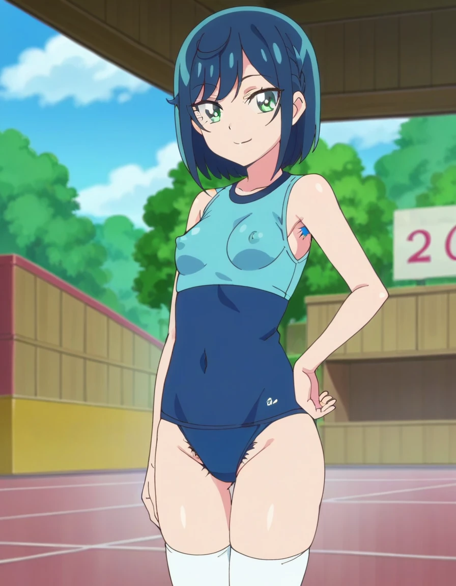 score_9, score_8_up, score_7_up, score_6_up, score_5_up, score_4_up, BREAK, source_anime, anime screencap, anime coloring, 1girl, solo, perfect anatomy, (Fuwa Kokone), blue hair, medium hair, green eyes, lite smile, looking at viewer, navel, (skintight, very tight gym uniform, sleeveless, white_shirt, crop-top, under sized micro blue buruma, zettai ryouiki white thighhighs), erect nipples, thigh gap, indoor, hand on hip, standing, (unshaven hairy natural public hair:1.2), unshaven hairy natural armpit hair