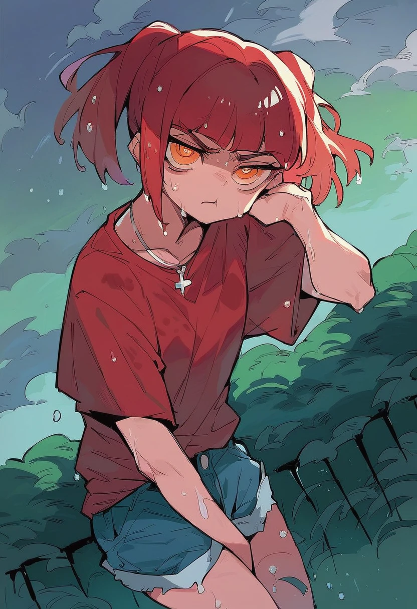 score_9, score_8_up, score_7_up,expressive eyes,1 girl, bob cut,blunt bangs,white and red hair,orange eye, swirly eyes,necklace,two side up,red shirt, loose shirt, denim shorts,in park, closed mouth, :t, pout, mad ,thunderstorm,wet