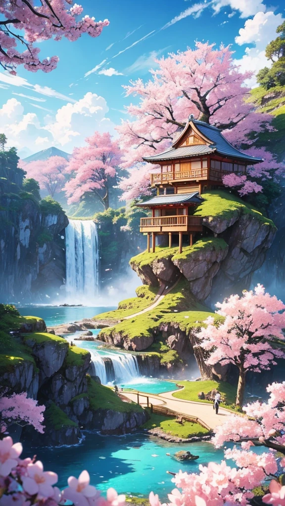 
Create a stunning anime landscape featuring a serene, floating island surrounded by cascading waterfalls and vibrant cherry blossom trees. The island is adorned with a traditional Japanese wooden house, nestled amidst lush, colorful foliage in full bloom. Above the island, a majestic mountain with a snow-capped peak rises into a sky filled with fluffy, cotton-candy clouds. The scene is bathed in soft, warm sunlight, casting gentle shadows and highlighting the natural beauty of the environment. In the distance, other smaller floating islands can be seen, connected by slender waterfalls that disappear into the clouds below.