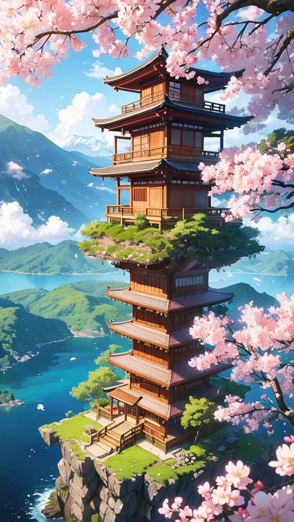 
Create a stunning anime landscape featuring a serene, floating island surrounded by cascading waterfalls and vibrant cherry blossom trees. The island is adorned with a traditional Japanese wooden house, nestled amidst lush, colorful foliage in full bloom. Above the island, a majestic mountain with a snow-capped peak rises into a sky filled with fluffy, cotton-candy clouds. The scene is bathed in soft, warm sunlight, casting gentle shadows and highlighting the natural beauty of the environment. In the distance, other smaller floating islands can be seen, connected by slender waterfalls that disappear into the clouds below.