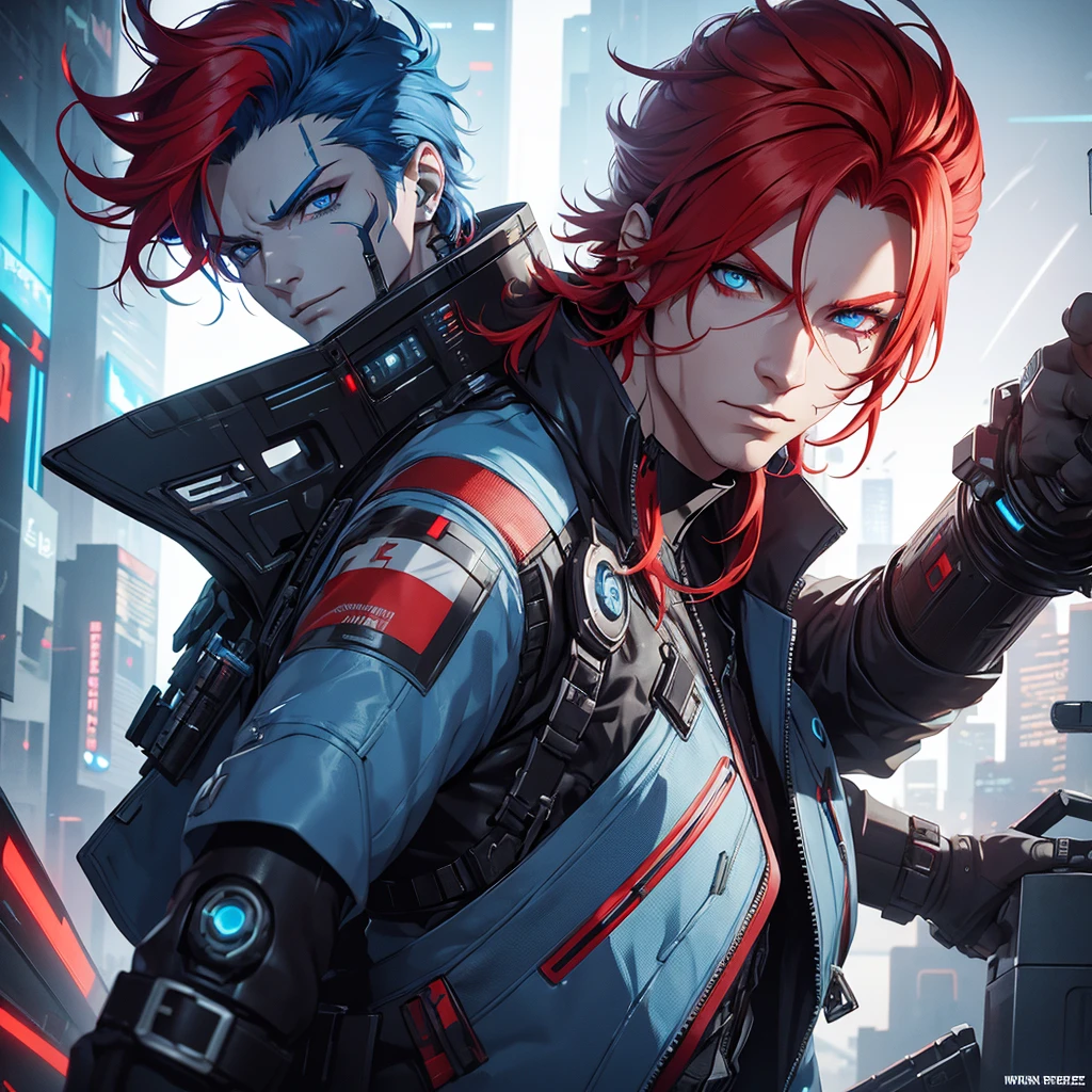 a futuristic cyberpunk man with red hair and blue eyes,1 man,detailed cyberpunk outfit,detailed facial features,detailed red hair,detailed blue eyes,cinematic lighting,dramatic camera angle,highly detailed,hyper realistic,unreal engine,8k, masterpiece