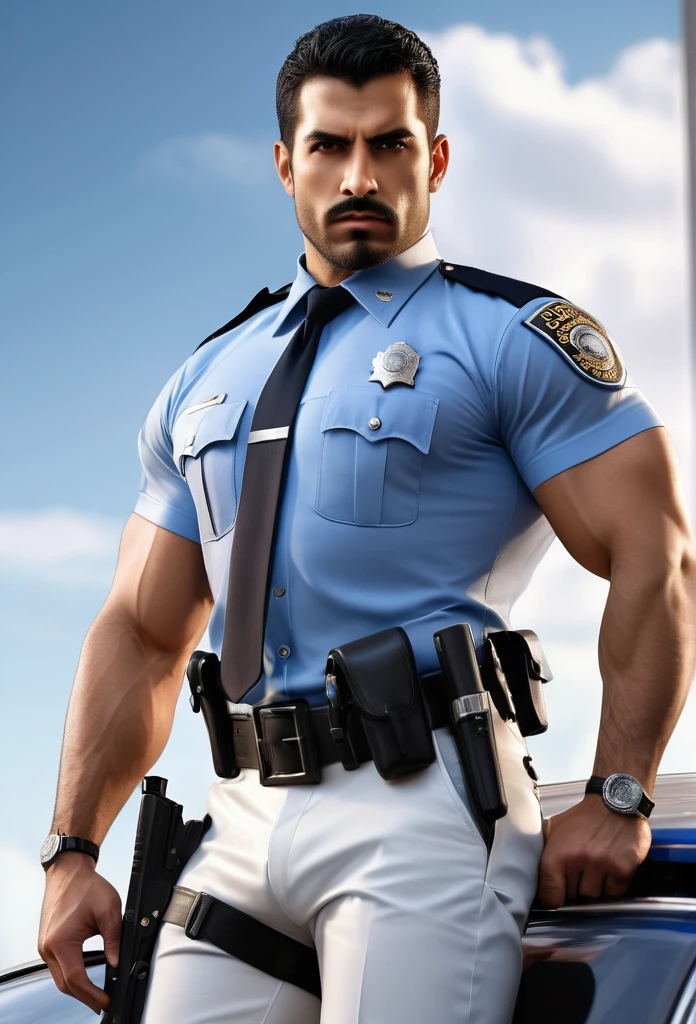 wallpaper, hombre Muy handsome, latino , strong and manly,  with muscles and stocky, eyes , in a detailed tight-fitting white and blue leather police uniform with tie,  police badges, strong and muscular legs, big lump,  lovely eyes, sexy, handsome, eyes, sexy, close up, with short beard, cor weapon on the side of the leg ultra realistic, conceptual art, intricate details, Very detailed, photorealistic, octane rendering, 8k,  sharp focus