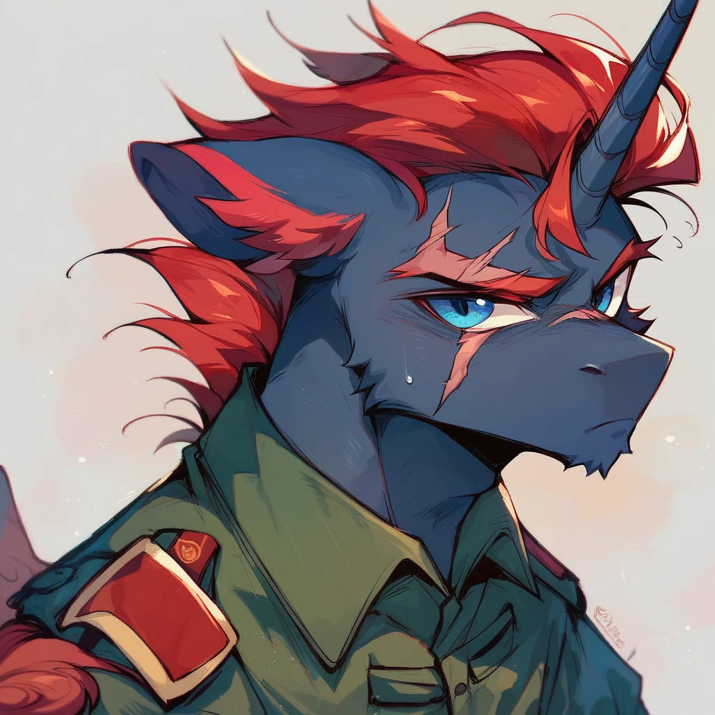 Male alicorn pony, black fur, long red hair, deep blue eyes, red feathers on wings, scar over left eye, red striping, vietnam-era army uniform, in a Vietnamese town, sweating, close-up portrait