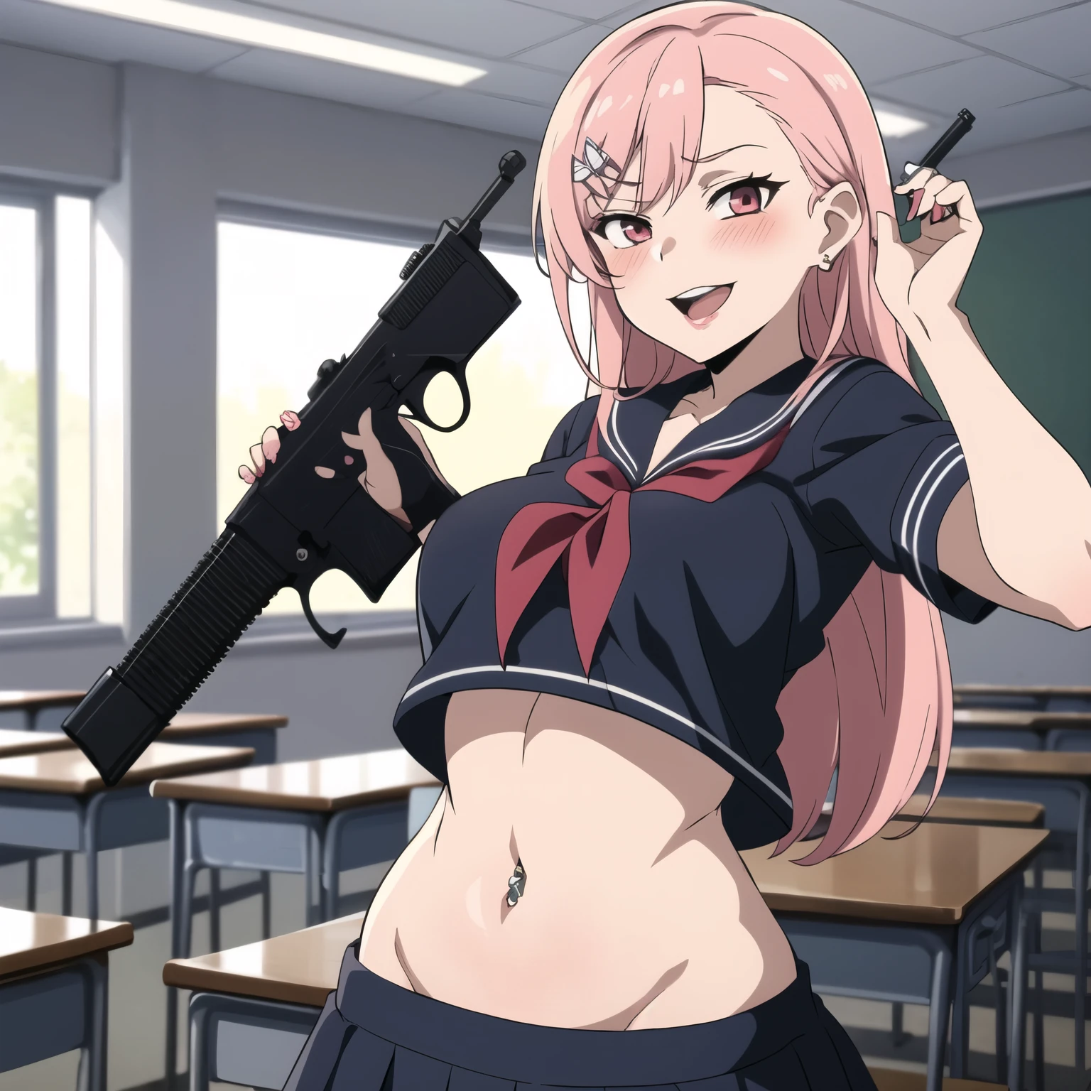 2girl, two girl, anime art, blush, lipstick, Hot girl, baddie, staring, glaring, bad attitude, mean girl, dare, angry, hate, crazy, smoking, sensual, attractive,  masterpiece, best quality, highly detailed, a anime girls in sailor uniforms with a gun posing for a picture,
evil smile, smile, open mouth,black_serafuku, ecchi anime style, anime girls , (nsfw) not safe for work,
ecchi style, ecchi, shipgirls, digital anime art!!, high school girls, holding a gun, hold a gun, anime style 4
k, micro skirt, exposed belly, exposed navel, exposed midriff,
exposed lower belly,school, classroom