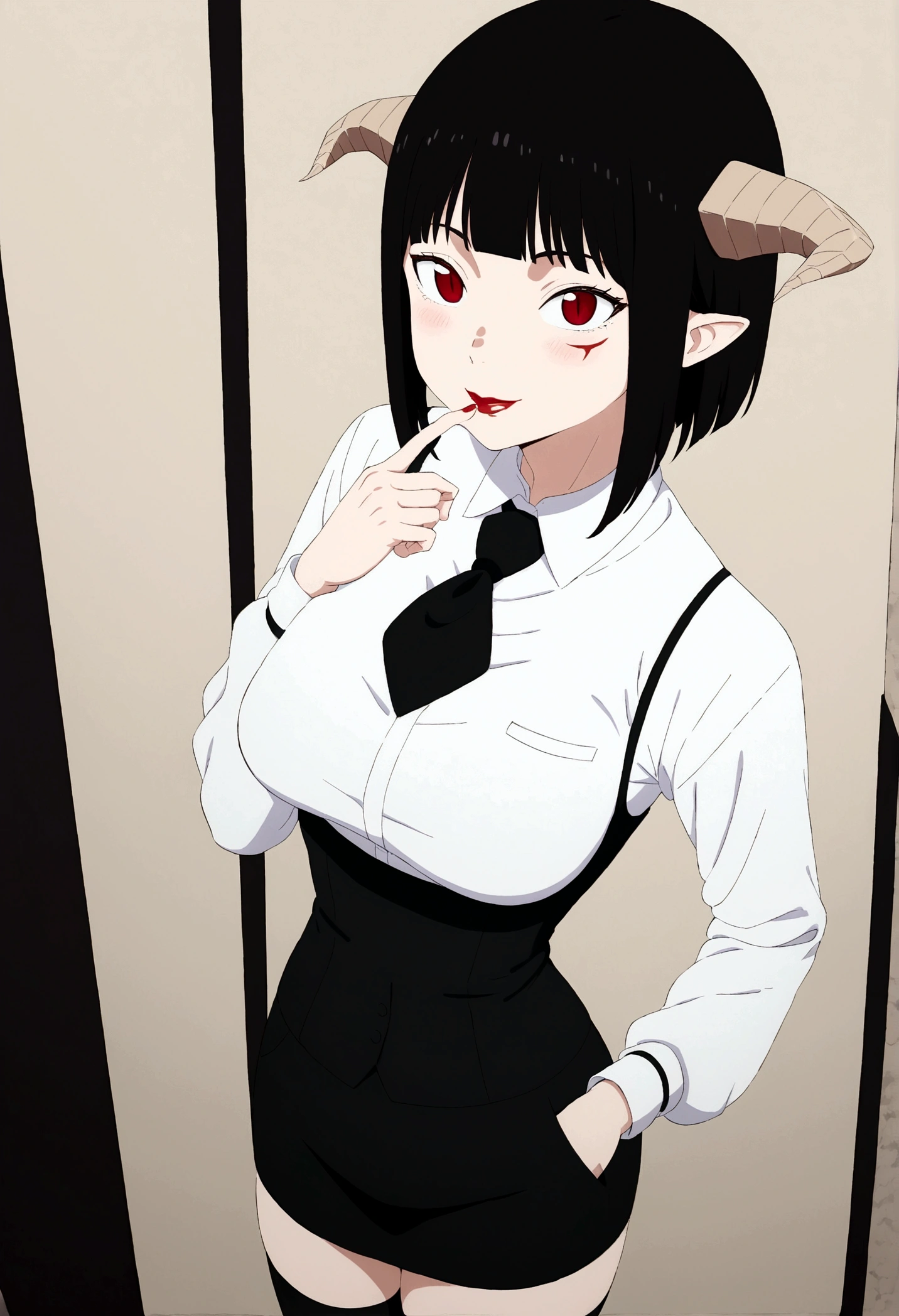 ,hands in pocket,work of art, tight white secretary shirt with black tie, black high waist skirt, short skirt,stocking, black hair, black tightscary sun,office,bangs on the eyes,lighting,horn of hair,view from above,smilecorada,linda,blushed,face red,Eyes red,finger her mouth,finger our lips