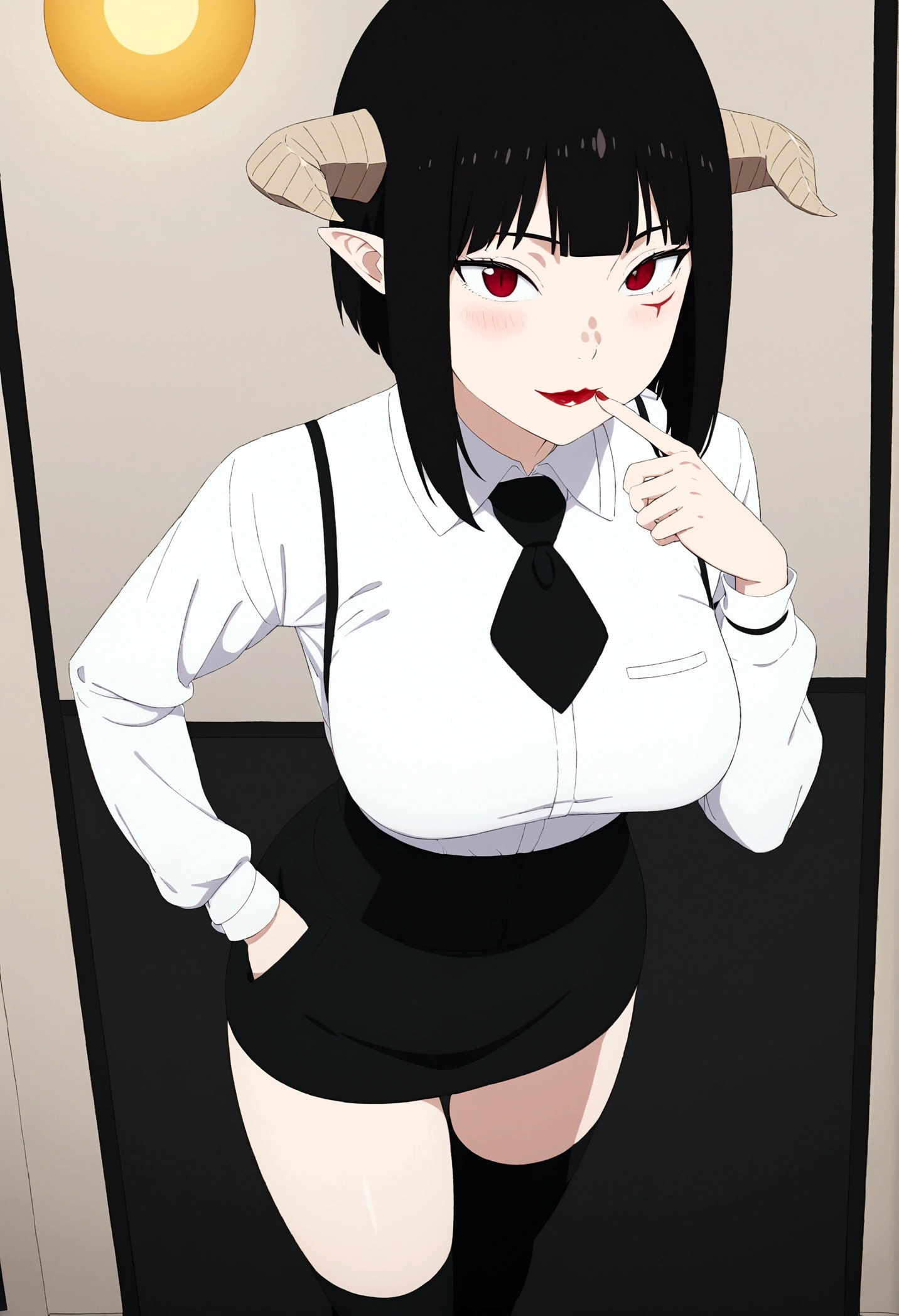 ,hands in pocket,work of art, tight white secretary shirt with black tie, black high waist skirt, short skirt,stocking, black hair, black tightscary sun,office,bangs on the eyes,lighting,horn of hair,view from above,smilecorada,linda,blushed,face red,Eyes red,finger her mouth,finger our lips
