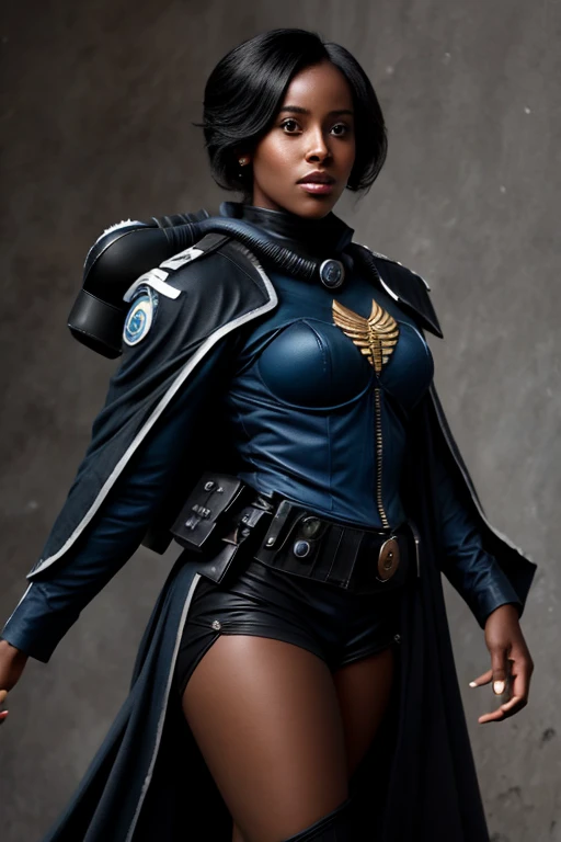 ADEPTA SORORITAS Black woman wearing blue sttldunf uniform,Jamesdaly Art Style, keep only on one side over arm
