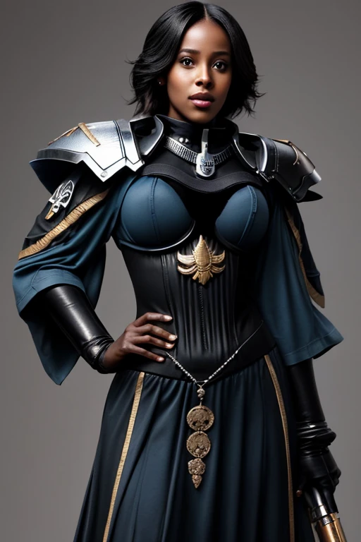 ADEPTA SORORITAS Black woman wearing blue sttldunf uniform,Jamesdaly Art Style, keep only on one side over arm