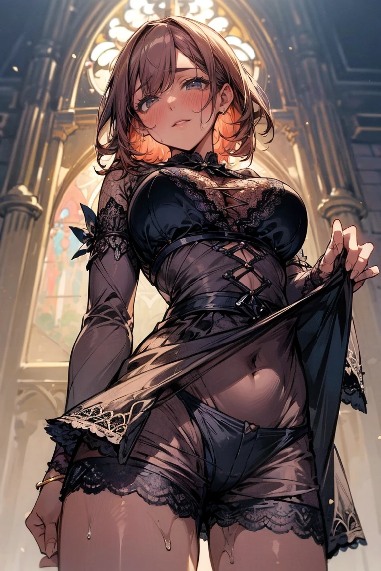 ((woman,milf)),((From the below)),((woman is erect)),(((intense orgasm:1.0))),(tears:1.2),(Sweat:1.3),((at the church:1.1)),(((No sleeve,Shorts))),(button-down,wearing lace),(clothing),((Squint eyes:1.3)),(embarrassing,blush:1.3), masterpiece, Highest quality, Very detailed, Dynamic Angle, ((Perfect hands)),Great background, Meaningful Background, Absurd background, Artistic Overlays,(Big Tits),panty,(明るい)
