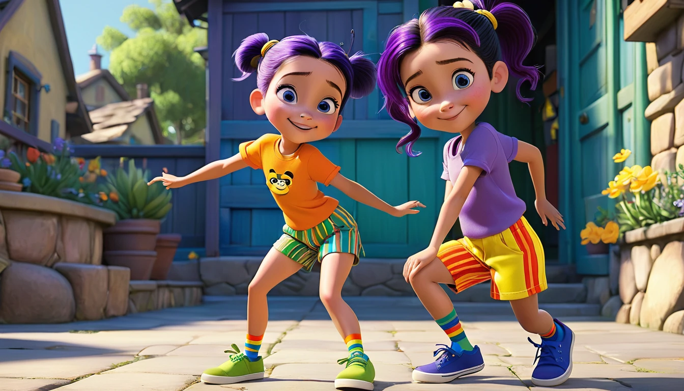 Highly detailed image in the Pixar animation and disney style of a female character named Bee. Bee is a young girl with a light complexion and a , childlike build. She has dark brown hair tied into a ponytail with a purple hair tie, large and expressive blue eyes, a small delicate nose, and a slight smile. She is dressed in an orange t-shirt paired with colorful striped shorts in shades of green, yellow, blue, and red. She wears yellow shoes with blue accents and white socks. She like dancing.
