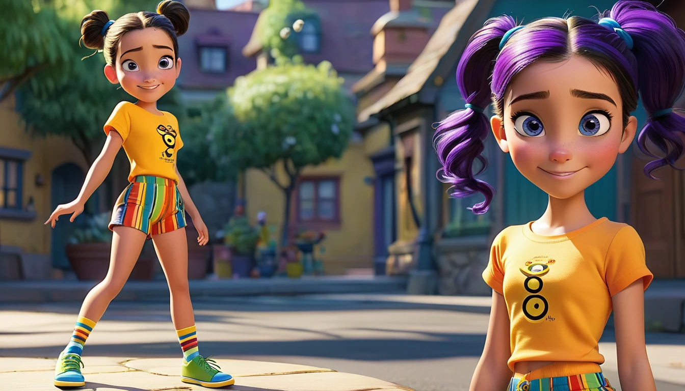 Highly detailed image in the Pixar animation and disney style of a female character named Bee. Bee is a young girl with a light complexion and a , childlike build. She has dark brown hair tied into a ponytail with a purple hair tie, large and expressive blue eyes, a small delicate nose, and a slight smile. She is dressed in an orange t-shirt paired with colorful striped shorts in shades of green, yellow, blue, and red. She wears yellow shoes with blue accents and white socks. She like dancing.