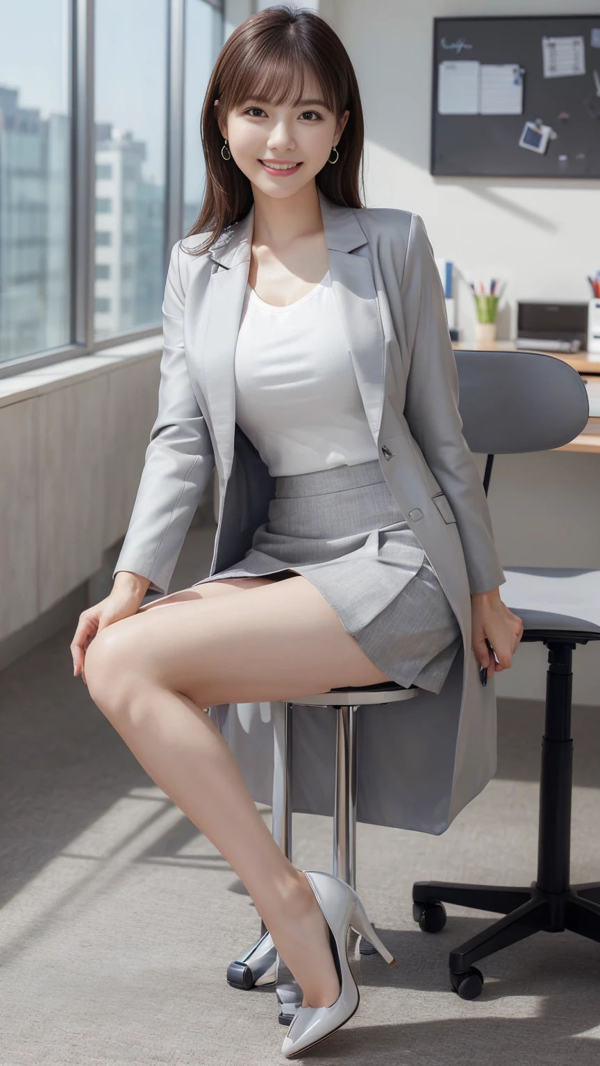 Highest quality, masterpiece, Ultra-high resolution, (Realistic:1.4),Beautiful woman,(Shortcuts),(Big Breasts) ,Beautiful Skin, Fine skin, 魅惑的なsmile, Background blur, smile, (office lady、White shirt、Grey jacket、Grey tight mini skirt、High heels、Hide all breasts、Drawing from the front、I:1.28)In the office district、(Sitting on a chair、Open your legs wide to the sides:1.5)