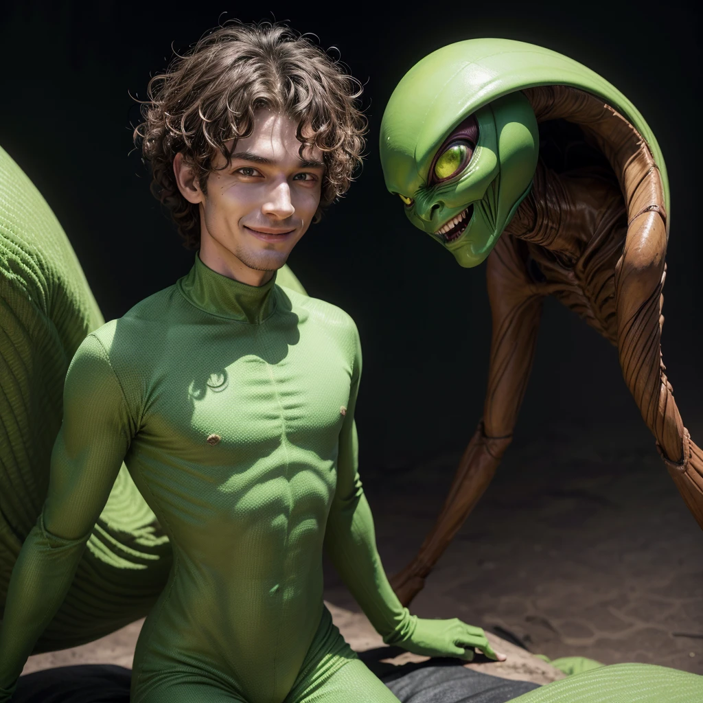 draw a full-body man with a humanoid alien appearance who is not green, about 30 years old, attractive features, reddish and frizzy hair with the skin pulled from his nose, the smile is a little wide and is not green