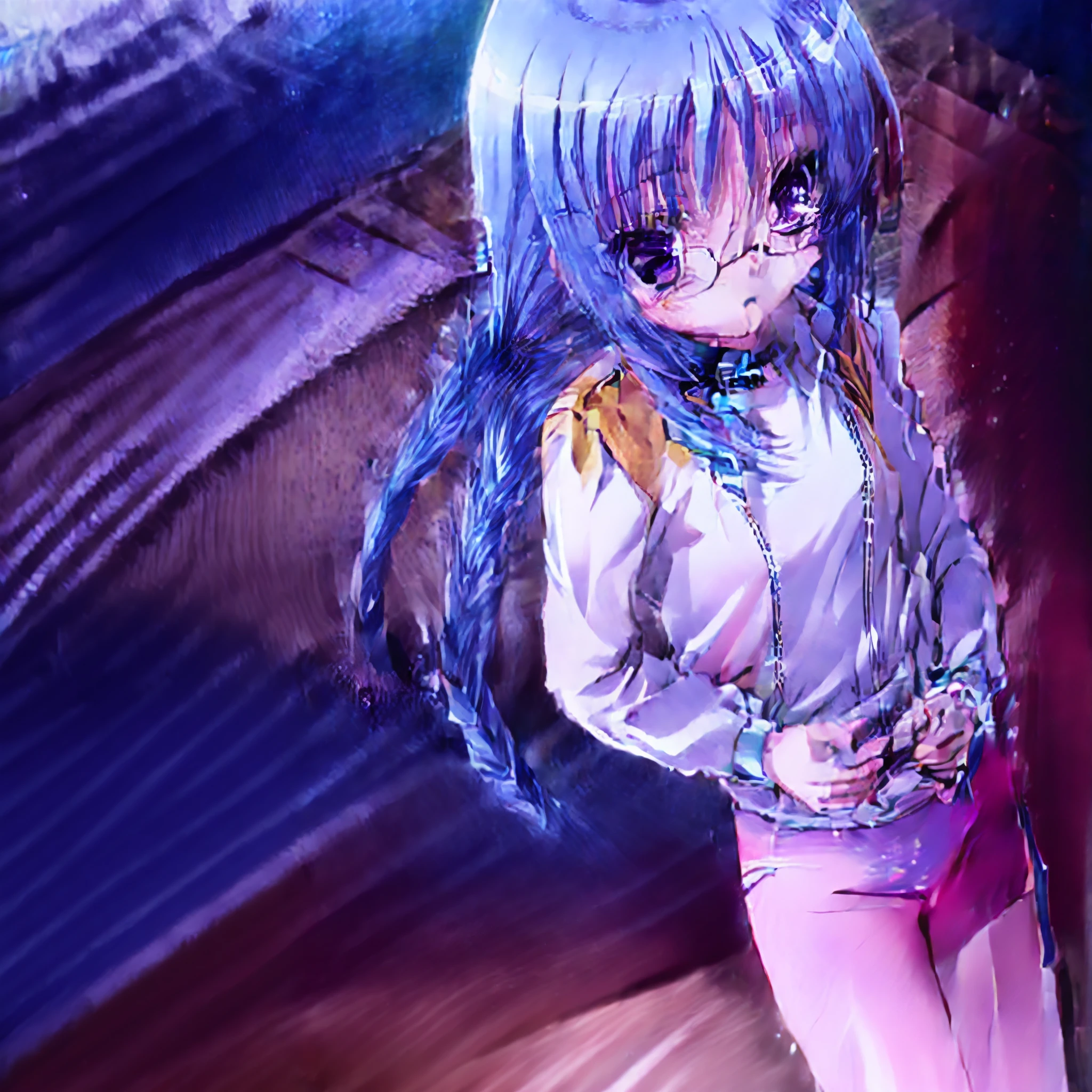 masterpiece, best quality, absurdres, cute, extremely detailed face, perfect lighting, nagatsuka saki, 1girl, 独奏, long hair, blush, glasses, twin braids, track jacket, from above, looking up,Change of clothes,In blue underwear,