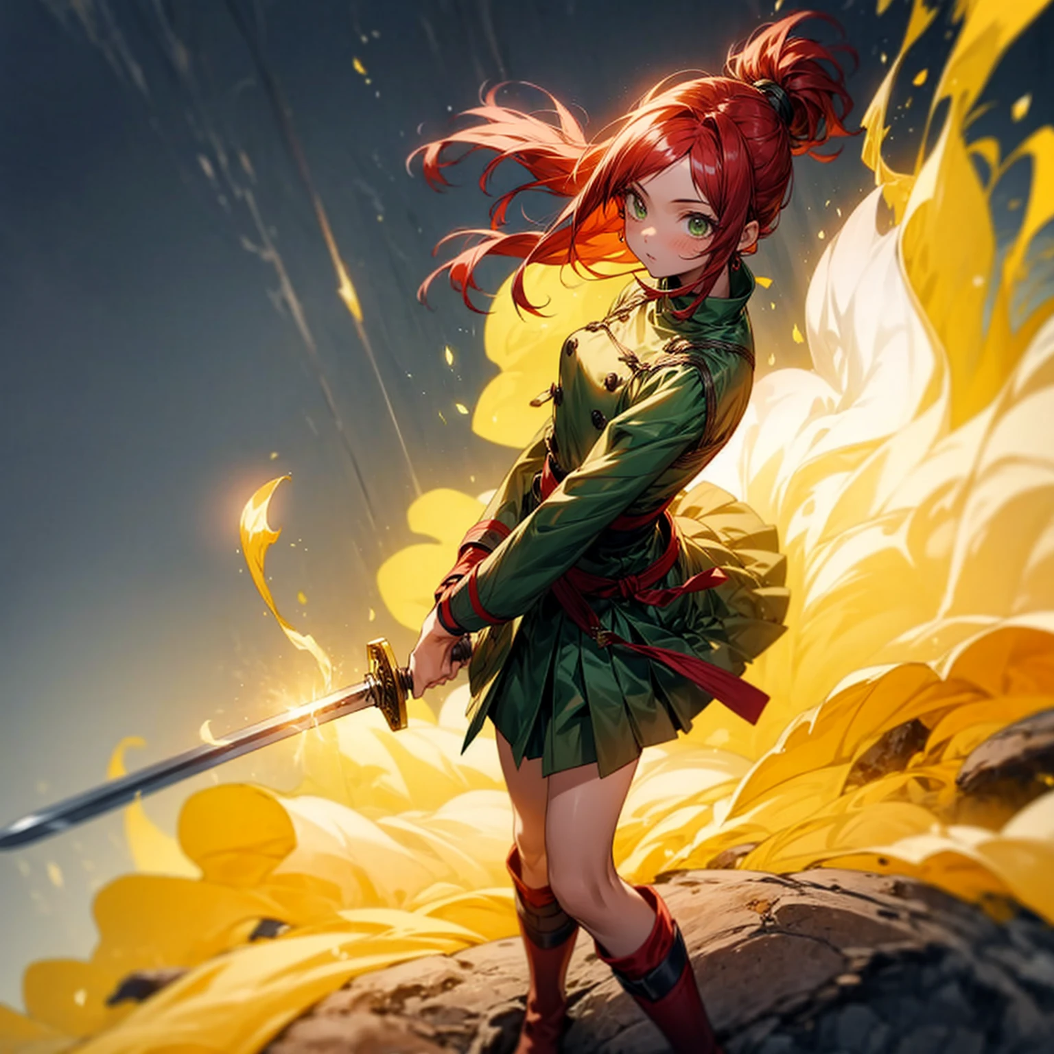 1girl, Full body version, 1character, character is girl, green eyes color, long hairstyle, red colour hair, soldier style clothing, Long skirt, long socks, long boots, red earrings, two gold sword in two hand, full armors in body, full background, Grassroots, background in town, motion blur, shadow, standing gesture, sword emits a black aura, smoke, fire, lighting sword, lighting 