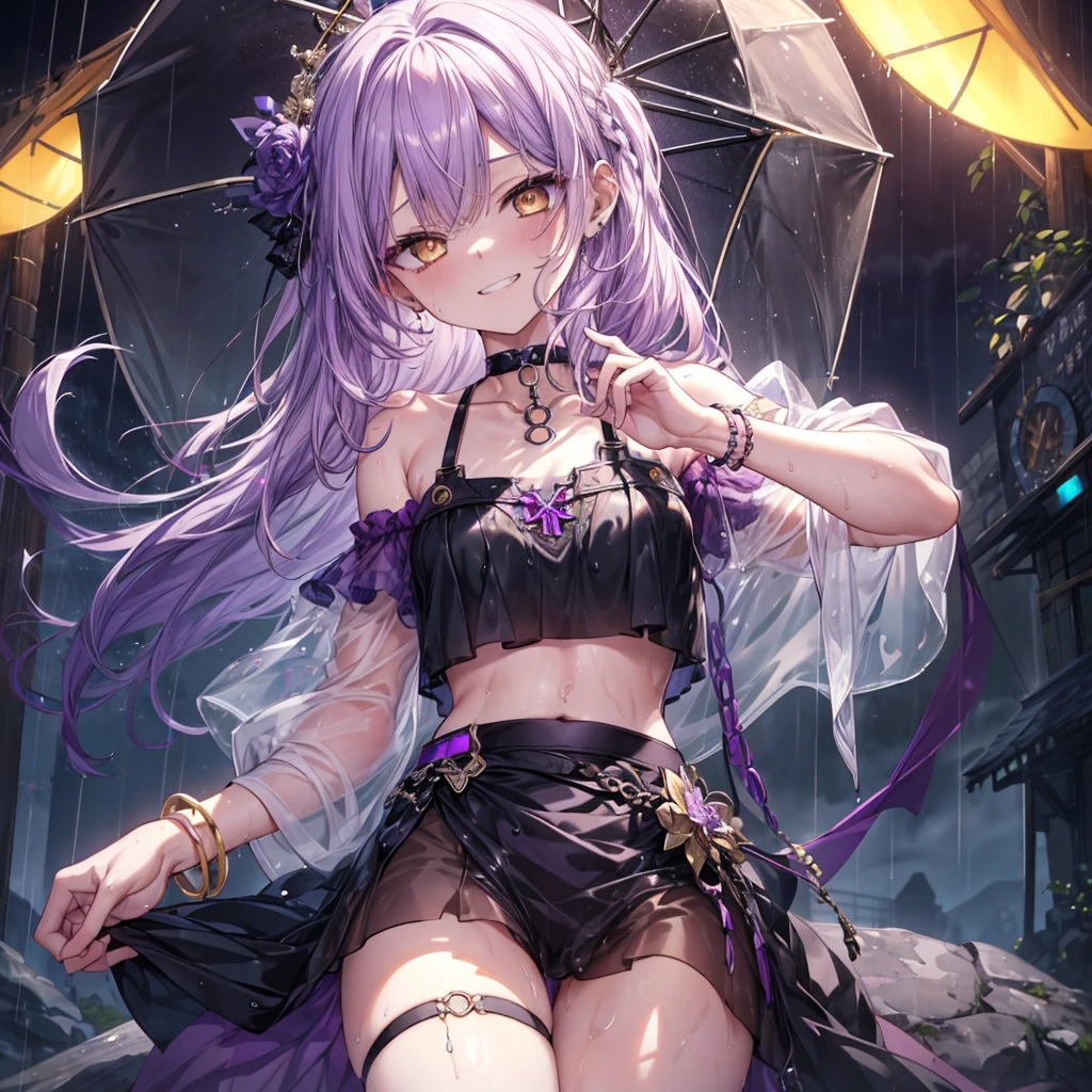 ((Highest quality)), ((masterpiece)), ((detailed)), (4K),1girl, 独奏, crop top, lightpurple hair, yellow eyes, flat chest, fantasy, choker, bracelet, (rain), ((wet)), see through, evil grin, (from below), (looking down), looking at viewer, (spread legs), town