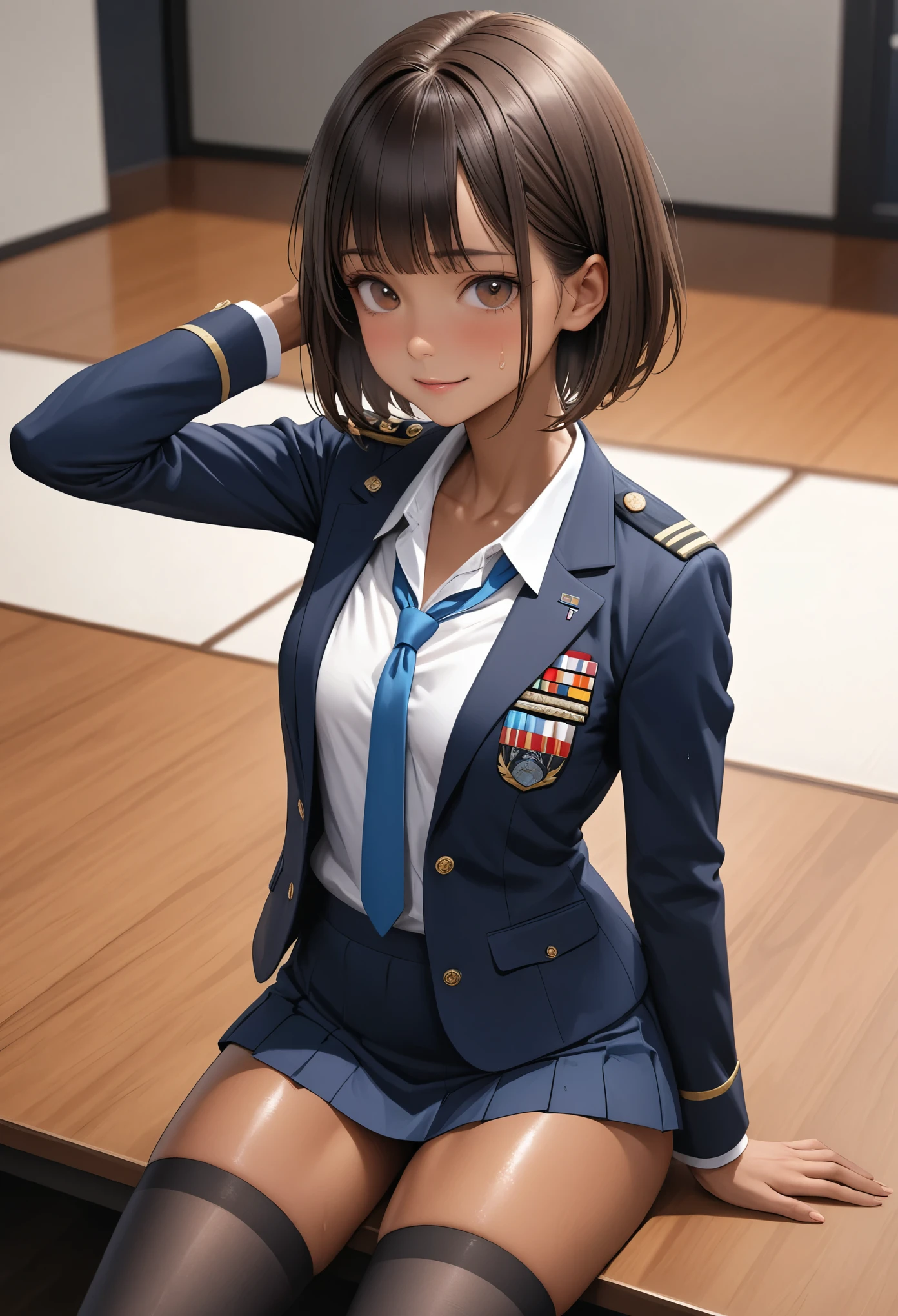(masterpiece,Highest quality:1.3,best quality illustration),realistic,cowboy shot,1woman,30 year old Japanese beauty,Naval officer、((very small head:1.4)),short bob hair,brown hair,bangs,brown eyes,gorgeous eyes,shy,smile,((Dark blue blazer jacket、White Shirt、Blue tie、Navy blue mini skirt、black thighhighs))、navy uniform,small breasts,((very long body:1.4,tan skin:1.2)),(toned body,slender body,skinny),gleaming skin,shiny skin,sweat:1.2,standing,sitting,conference room、Naval Base、